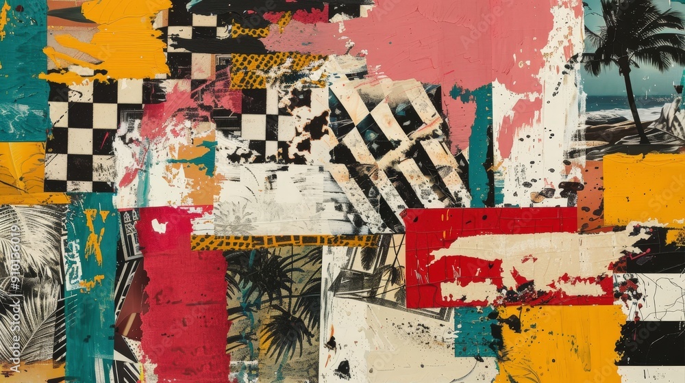 Poster A vibrant collage featuring tropical motifs and geometric patterns in an array of bright colors, creating a dynamic and engaging visual experience