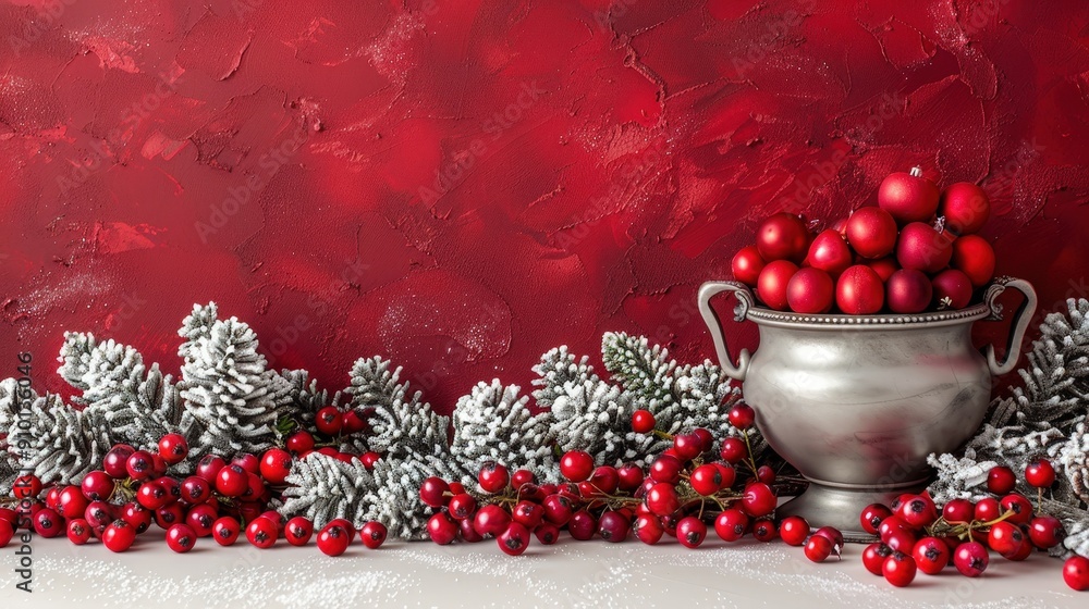 Poster A decorative display featuring red berries and frosted pinecones in a silver container set against a vibrant red backdrop, creating a holiday atmosphere
