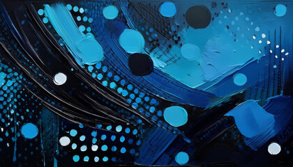 Abstract blue and black gradient with halftone dots and distressed grunge texture. Hand painted