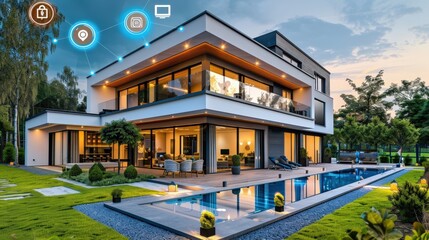 Obraz premium A modern luxury home showcases smart technology, a serene pool, and lush landscaping under the evening sky