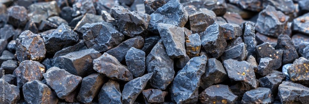Poster a collection of dark stones rests in a quarry under clear skies, showcasing their rough texture and 