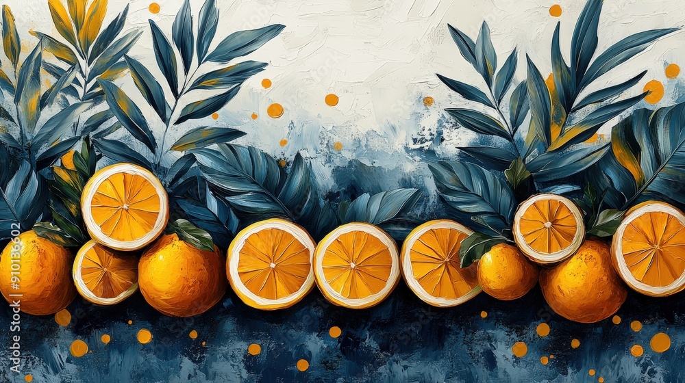 Poster juicy oranges display bright colors, artfully arranged with foliage against a textured backdrop, cre