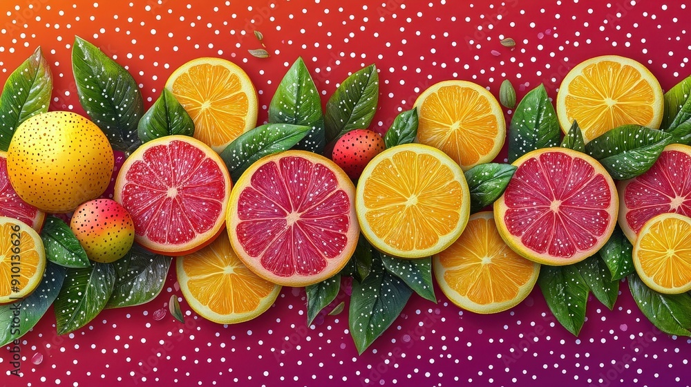 Sticker A variety of citrus fruits including lemons, oranges, and grapefruits arranged with green leaves against a bright, colorful backdrop