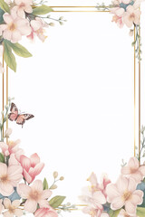 Gold frame with delicate pink flowers and a butterfly on a white background.