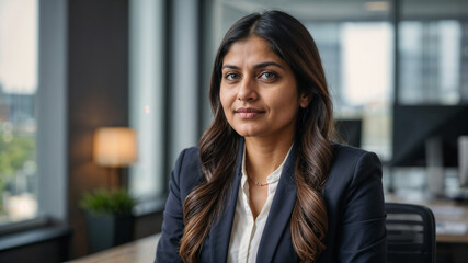 Donna di origini indiane che lavora come consulente finanziario sorride in un ufficio moderno