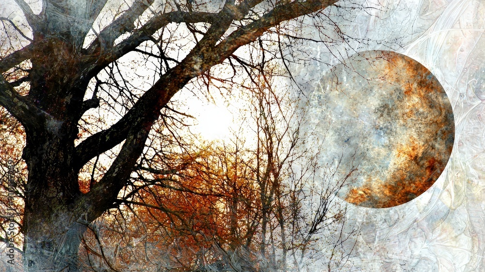 Poster the warm glow of a setting sun illuminates bare trees, while a large celestial body cast a surreal l