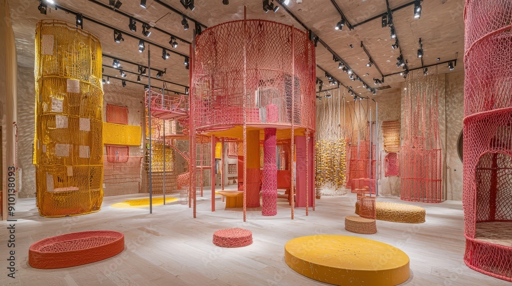Poster A vibrant art installation showcases playful fabric structures in various colors and forms, inviting exploration and interaction within a spacious gallery