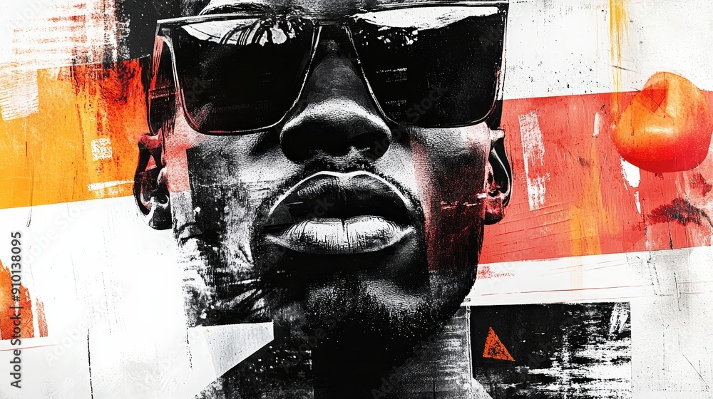 Poster a confident man wearing sunglasses gazes directly at the viewer, framed by vibrant colors and abstra