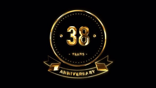38th Anniversary Celebration. Happy 38 Years Anniversary Animation in Gold Color on the Transparent Background, Alpha Channel. Great for greetings, celebrations, events, and gifts.