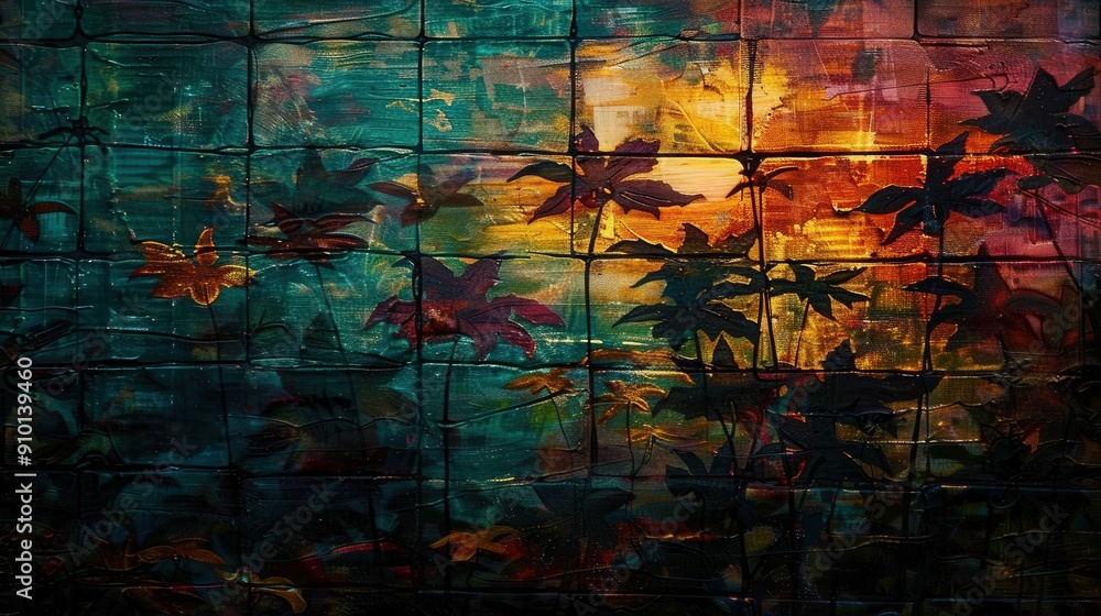 Leinwandbilder vibrant autumn leaves cast shadows on a textured background as dusk settles, creating a rich tapestr