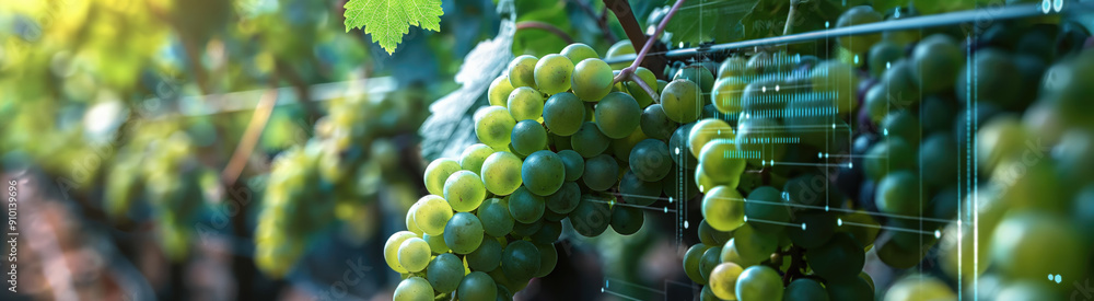 Poster a vineyard with grapevines heavy with fruit, integrated with virtual screens providing data on grape