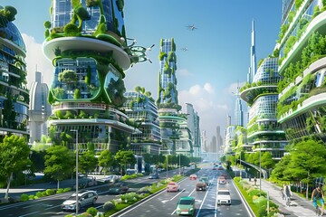 Fototapeta premium Futuristic Green Cityscape with Sustainable Architecture and Smart Technology