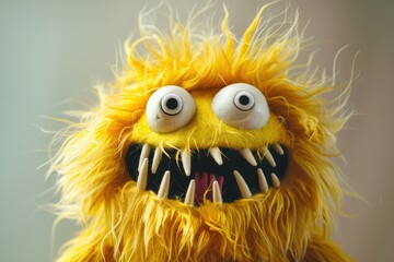 This vibrant and quirky yellow furry monster puppet with large eyes and sharp teeth brings humor and fun to marketing campaigns.