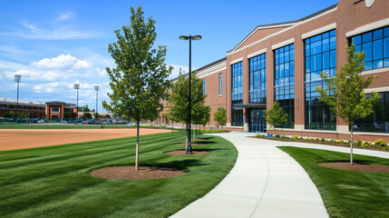 Modern school building exterior with green lawn and trees, featuring brick and glass architecture with large windows on a sunny day. The design highlights contemporary educational facilities, emphasiz
