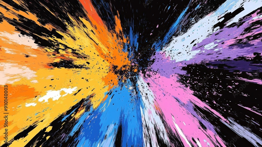 Poster Vibrant splashes of paint burst outward in various colors against a solid black backdrop, creating an impressive and dynamic visual display