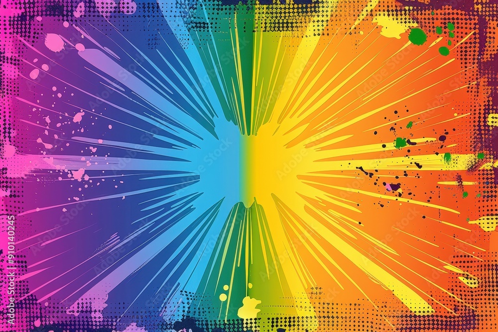 Poster A dynamic burst of colors radiates outward from the center, showcasing vivid hues in a gradient pattern and splashes of paint creating an energetic atmosphere