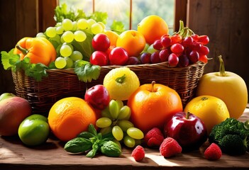 colorful display fresh fruits vegetables bathed sunlight showcasing vibrant hues lively textures, colors, produce, nature, organic, garden, harvest, bright