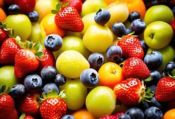Obraz premium vibrant display colorful seasonal fruits showcased under bright lighting rich textures vivid colors, apples, oranges, bananas, berries, grapes, peaches