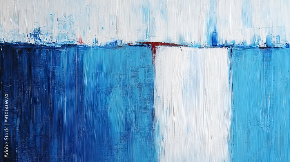 Poster vibrant acrylic painting features bold shades of blue and white, showcasing dynamic textures and con