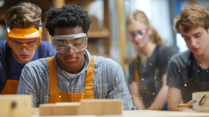 A lively scene of students in a woodworking class, a group of young people wearing safety goggles and aprons, working on various projects, some sanding wood, others using saws and drills, the