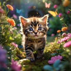 A high angle shot of a playful tabby kitten exploring a garden filled with butterflies and blooming flowers