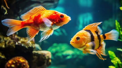Fototapeta premium Two fish swimming in a tank with green rocks and plants