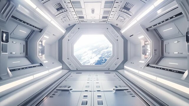 Futuristic white tunnel space station interior, Futuristic spaceship interior corridor	