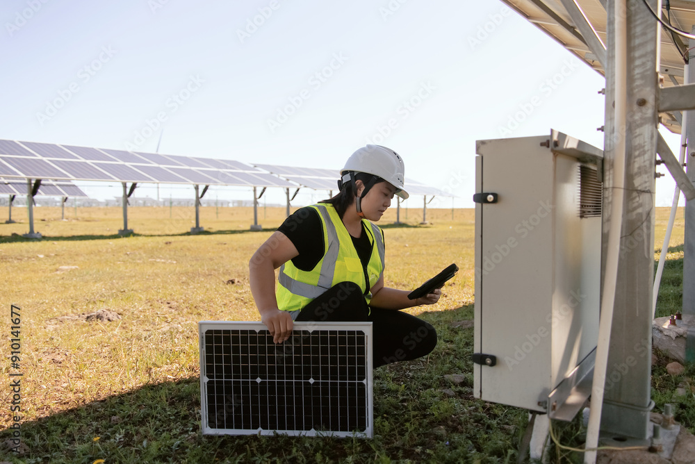 Wall mural female technician working with tablet in solar power station