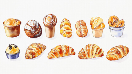 様々な種類のパン（ロールパン、クロワッサン、ブールなど）を手描きの水彩画風で多数描いたイラスト