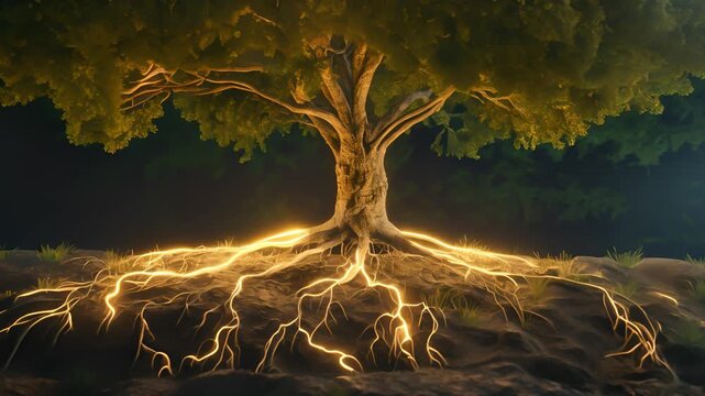 A large tree of life with its roots visible beneath the soil, the roots with neon light at night	