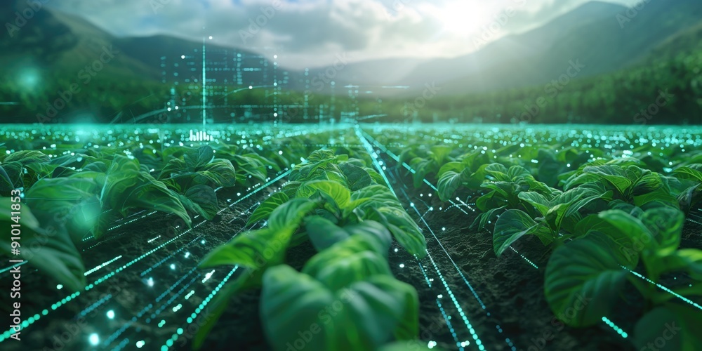 Poster a sprawling potato field with rows of green plants, augmented by virtual screens displaying data on 