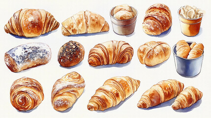 様々な種類のパン（ロールパン、クロワッサン、ブールなど）を手描きの水彩画風で多数描いたイラスト