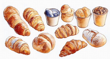 様々な種類のパン（ロールパン、クロワッサン、ブールなど）を手描きの水彩画風で多数描いたイラスト