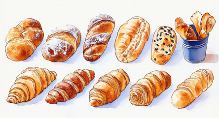 様々な種類のパン（ロールパン、クロワッサン、ブールなど）を手描きの水彩画風で多数描いたイラスト