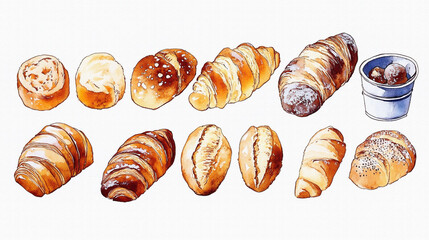 様々な種類のパン（ロールパン、クロワッサン、ブールなど）を手描きの水彩画風で多数描いたイラスト