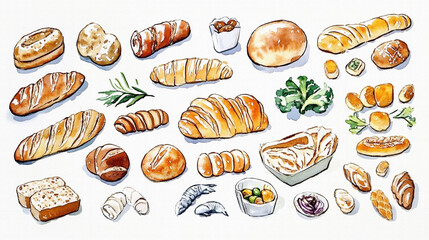 様々な種類のパン（ロールパン、クロワッサン、ブールなど）、ハーブ等を手描きの水彩画風で多数描いたイラスト