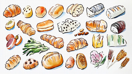 様々な種類のパン（ロールパン、クロワッサン、ブールなど）、ハーブ等を手描きの水彩画風で多数描いたイラスト