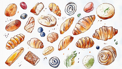 様々な種類のパン（ロールパン、クロワッサン、ブールなど）、ハーブ等を手描きの水彩画風で多数描いたイラスト