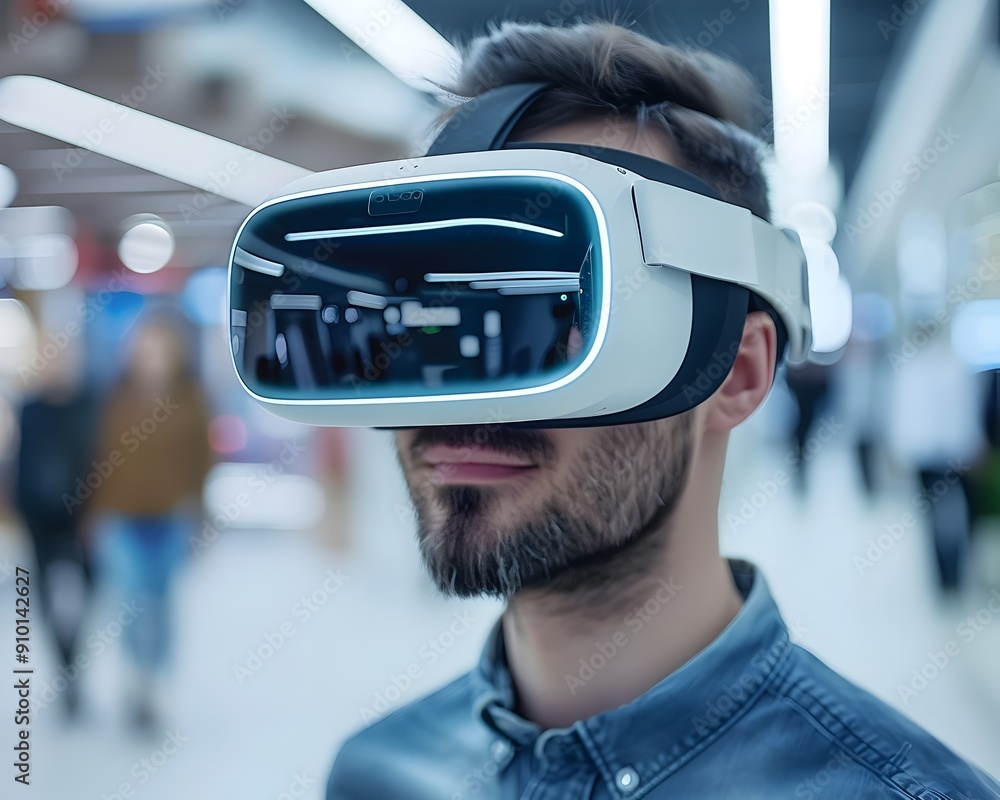 Poster businessperson demonstrating product using virtual reality in high tech setting