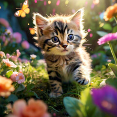 A high angle shot of a playful tabby kitten exploring a garden filled with butterflies and blooming flowers