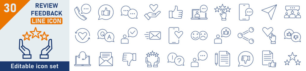 Feedback line icon set. Set of 30 outline icons related to messages, calls, rating, bubbles. Linear icon collection. Feedback review outline icons collection. Editable stroke. Vector illustration.