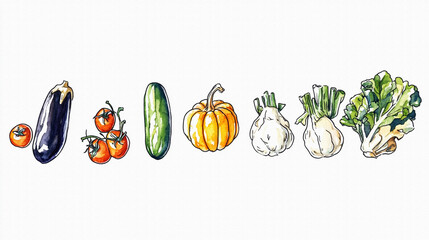 たくさんのおいしそうな野菜（かぼちゃ、トマト、なす、きゅうり、キャベツなど）の手描きで温かみのある水彩画風イラスト