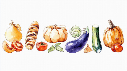 たくさんのおいしそうな野菜（かぼちゃ、トマト、なす、きゅうり、キャベツなど）の手描きで温かみのある水彩画風イラスト