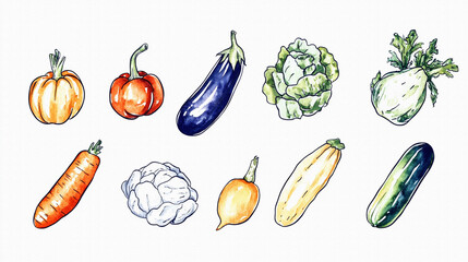 たくさんのおいしそうな野菜（かぼちゃ、トマト、なす、きゅうり、キャベツなど）の手描きで温かみのある水彩画風イラスト