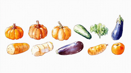 たくさんのおいしそうな野菜（かぼちゃ、トマト、なす、きゅうり、キャベツなど）の手描きで温かみのある水彩画風イラスト