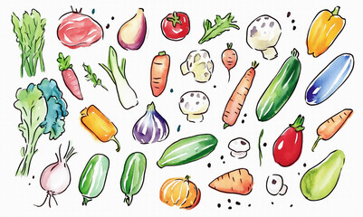 たくさんのおいしそうな野菜（かぼちゃ、トマト、なす、きゅうり、キャベツなど）の手描きで温かみのある水彩画風イラスト