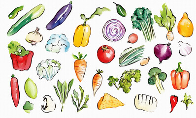 たくさんのおいしそうな野菜（かぼちゃ、トマト、なす、きゅうり、キャベツなど）の手描きで温かみのある水彩画風イラスト
