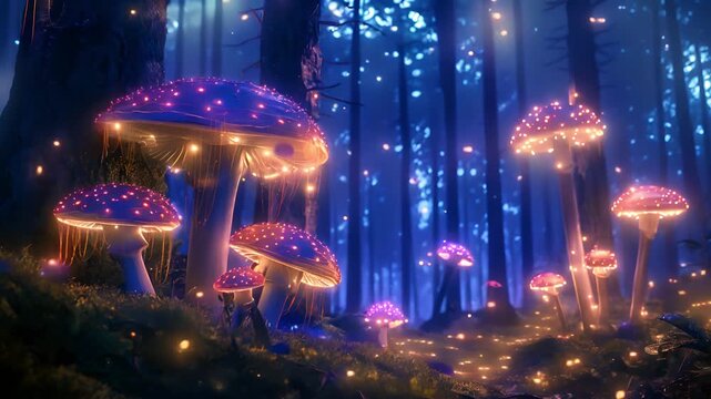 Experience an enchanted woodland, Magical fantasy mushrooms in fairy tale dreamy elf forest, Fairytale concept	
