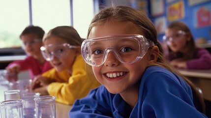 An elementary school classroom with students engaged in a hands-on science experiment, wearing safety goggles and excitedly observing reactions, a teacher providing guidance and encouragement, the