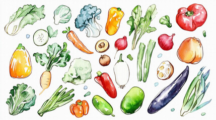 たくさんのおいしそうな野菜（かぼちゃ、トマト、なす、きゅうり、キャベツなど）の手描きで温かみのある水彩画風イラスト